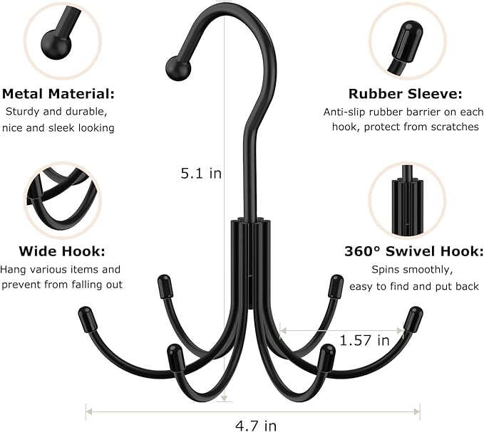Belt Hanger, Metal Belt Rack Holder, 360° Rotatable, Maximum 24 Storage Capacity, Black, 2 Pcs