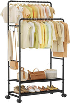 Simple Trending Clothes Rack, Rolling Clothing Rack With Shelves Load 450 LBS, Double Rod Clothing Racks with Wheels for Hanging Clothes, Black