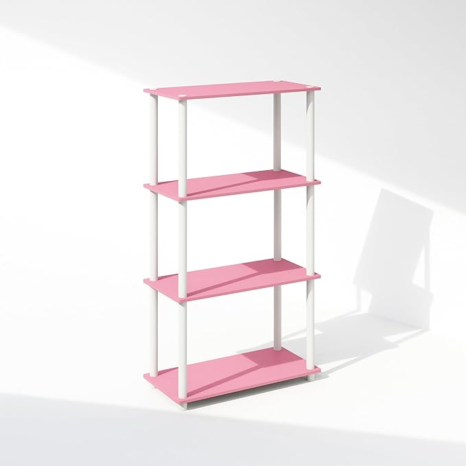 Furinno Turn-N-Tube Book Shelf, 4-Tier Bookshelf, Bookcase with Multipurpose Compact Display Rack, 11.6 x 23.6 x 43.2, for Living Room, Bedroom, Home Office, Pink/White