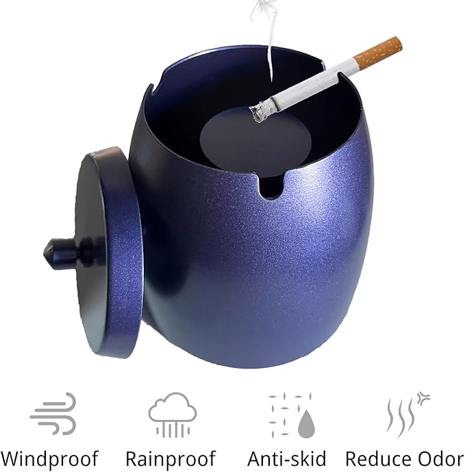 Ash Tray, Large Outdoor Ashtray with Lid, Ashtray for Outside Patio, Stainless Steel Windproof Smokeless Ash Tray for Balcony, Ashtrays for Smokers, Cigar, Home Office Decoration