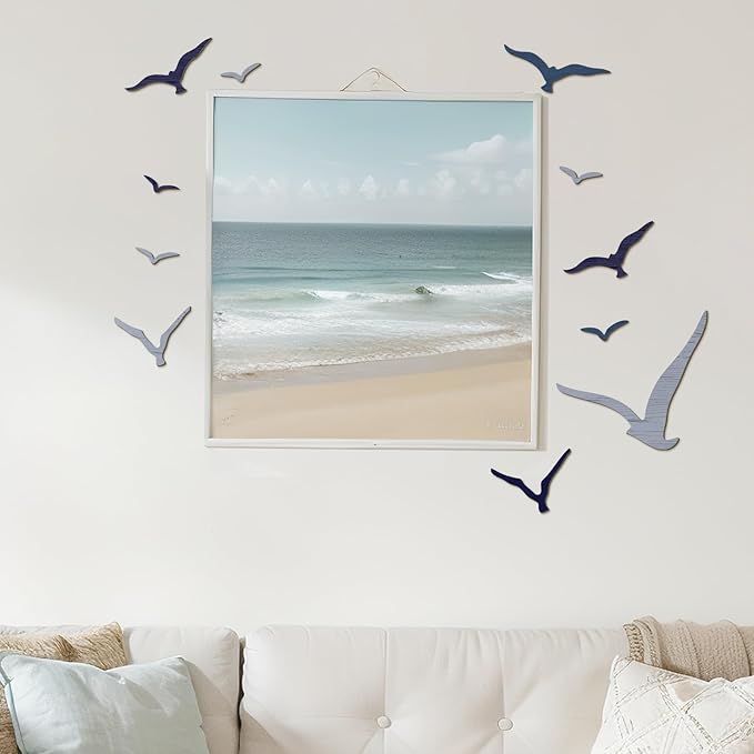 Wesiti 11 Pcs Wooden Seagull Wall Decor Nautical Theme Beach Coastal Art Small Seagull Sea Birds Wall Decor Ocean Adhesive Sculpture Vintage Ornaments for Home Bathroom(Blue)