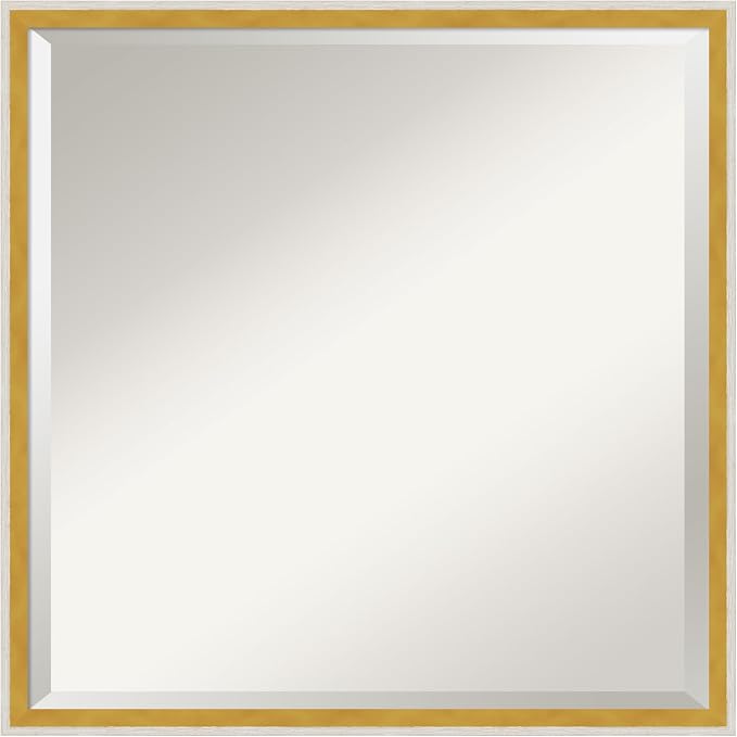 Amanti Art White Wall Mirror 21x21 Paige White Gold Square Bathroom Mirror for Wall Decor Living Room, Medium Modern Wood Frame, Hangs Horizonally and Vertically, Bathroom Decor, Beveled Edge