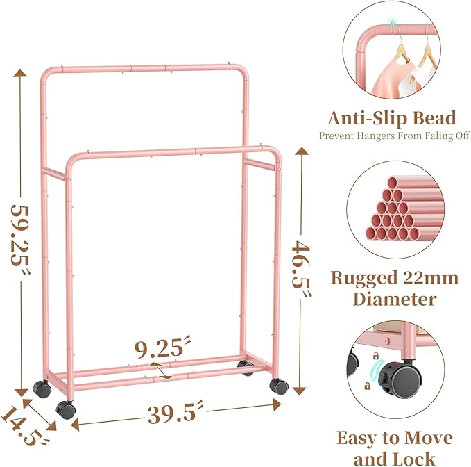Simple Trending Clothing Clothes Rack Double Rods with Wheels, Rolling Metal Garment Rack for Hanging, Pink