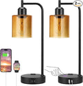 Industrial Touch Nightstand Lamps for Bedrooms Set of 2 - 3-Way Dimmable Table Lamps with USB C+A Ports and Outlet, Bedside Lamps with Amber Glass Shade for Living Room, Desk Lamps for Home Office