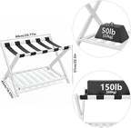 Smuxee Fully Assembled White Luggage Rack Pack of 2, Bamboo Foldable Suitcase Stand with 5 Nylon Straps, Luggage Holder with Shelf for Guest Room Bedroom Hotel