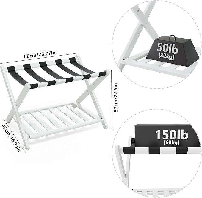 Smuxee Fully Assembled White Luggage Rack Pack of 2, Bamboo Foldable Suitcase Stand with 5 Nylon Straps, Luggage Holder with Shelf for Guest Room Bedroom Hotel