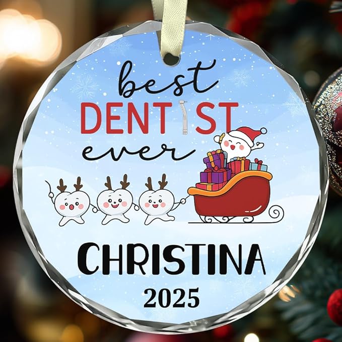 BSQUIELE Personalized Best Dentist Ever Glass Ornament 2025 - Custom Name Orthodontist Keepsake - Gift for Dental Assistant Hygienist - Unique Xmas Tree Hanging Decoration for Dental Professionals