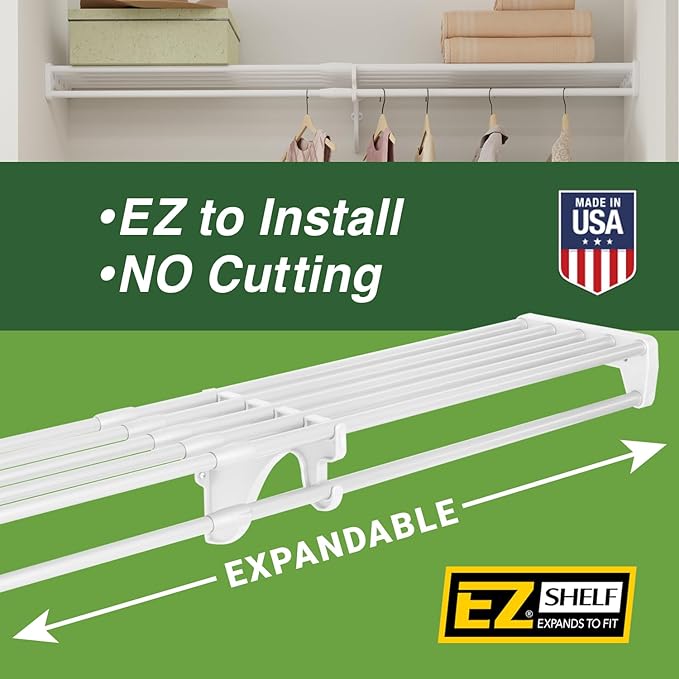 EZ Shelf - Expandable Closet Shelf with Hanging Rod - 41.5" to 74" Closet Shelves Expand - 200 lb Capacity, White - Quick Install Wire Closet Shelving Alternative - Between 1 Side Wall and Back Wall