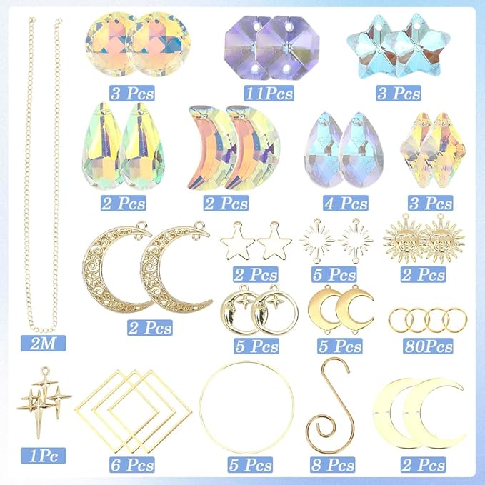 SUNNYCLUE 1 Box DIY 8 Sets Sun Catchers Kit Moon Suncatchers Gold Star Crescent Hanging Prism Suncatcher with Crystal Rainbow Maker for Windows Indoor Outdoor Home Garden Party Wedding Decor Gifts