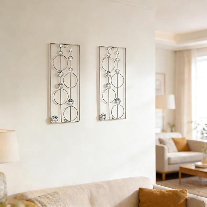 ZEXUIRU 2 Pcs Abstract Metal Art for Wall Decor Living Room Bedroom Bathroom Office Metal Bling Modern Geometric Hanging Vertical Small Iron Sculpture Plaque Pack -Silver 15.7in