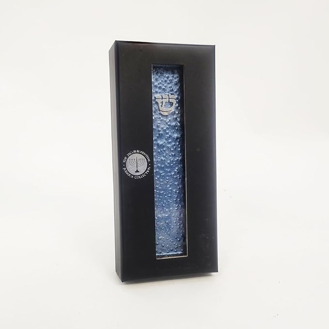 Rite Lite Blue Pebbled Glass Art Mezuzah Cover Handcrafted with Silver Accents, Gradual Blue Color Design – Elegant Home Decor, Easy Mounting Tape for Hanging on Door or Wall, Art for Your Entryway