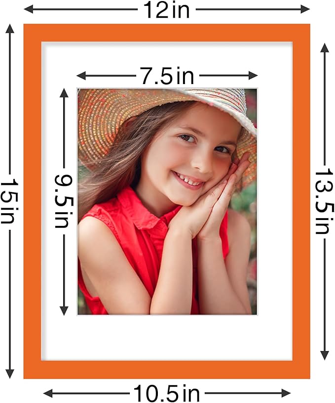 Vittanly 11x14 Picture Frames Set of 9, Shatter Resistant Plexiglass, Display 8x10 Pictures with Mat or 11x14 without Mat, Photo Frames for Wall or Tabletop, Engineered Wood, Orange