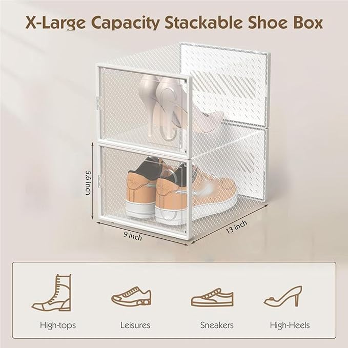 12 Packs Clear Plastic Shoebox With Magnetic Door, Large(13" × 9" × 5.6") Stackable Shoe Box Storage With Lids, Multifunctional Sneaker Containers, Toy Storage, Space-Saving Shoe Rack White
