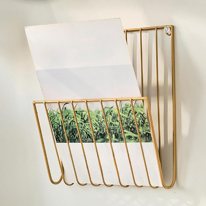 Gold Wall Mounted Magazine Rack and File Holder, A Sturdy Iron Organizer for Mail, Letters, Folders, and Papers,Decorative for Home Office or Study Room