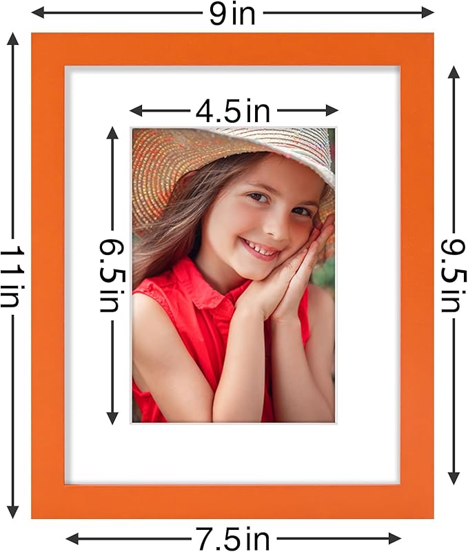 Vittanly 8x10 Picture Frames Set of 9, Shatter Resistant Plexiglass, Display 5x7 Pictures with Mat or 8x10 without Mat, Photo Frames for Wall or Tabletop, Engineered Wood, Orange