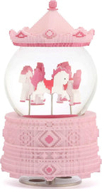 Pixel-Design Carousel Snow Globe Music Box, Compact Decorative Gift for Collectors and Home Accents, Subtle Pink Edition, Plays Toyland Melody
