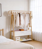 Bamboo Clothes Rack with Storage Box and Storage Shelf, Portable Extra Large Garment Rack Clothing Rack, Foldable Wardrobe For Entryway and Bed Room (L - 47.2 Inch)