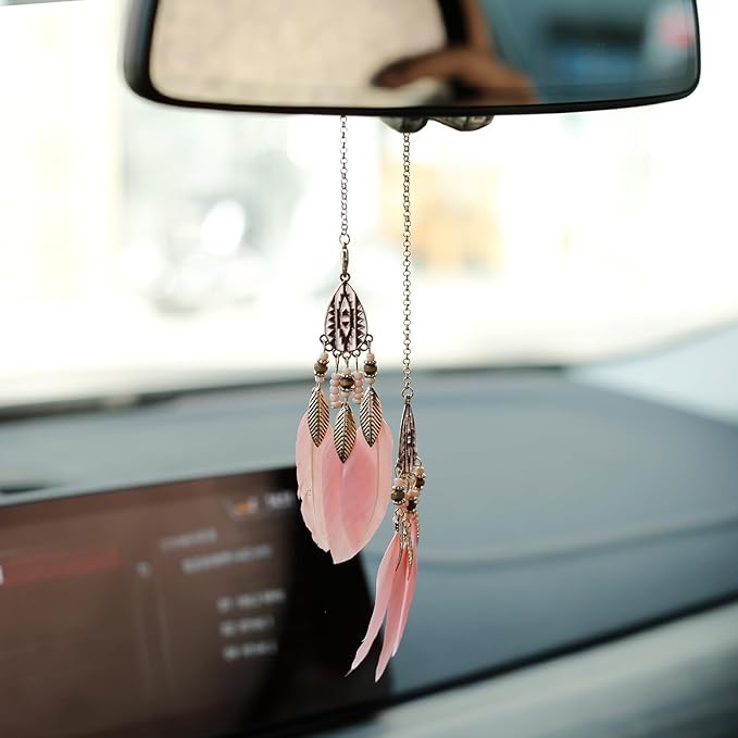 Mini Dream Catcher Car Interior Rearview Mirror Hanging Decor Nature Feather Small Boho Car Charms Pendant Accessories (New Pink)