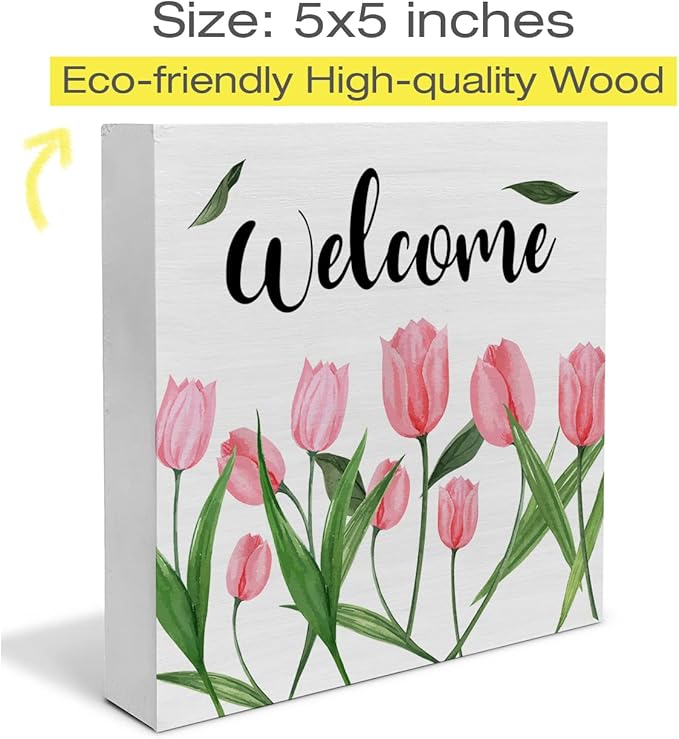 Flower Tulips Spring Wooden Box Sign Farmhouse Spring Welcome Wood Box Sign Art Blocks Desk Sign Rustic for Shelf Tabletop Home Decor 5 X 5 Inch