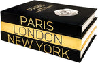 AZEZO Set of 3 Decorative Books for Home Decor – Decorative Hardcover Display Faux Books for Bookshelf and Coffee Table – Black and Gold Foiled – Paris London New York Themed