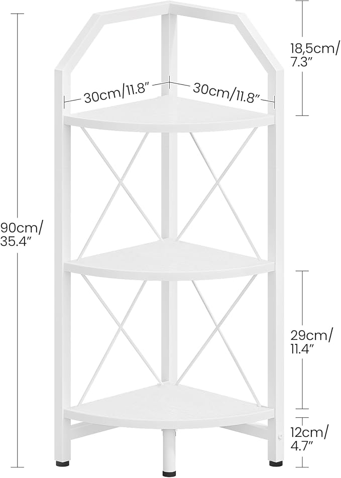 CHOEZON 3-Tier Corner Shelf, Industrial Corner Bookshelf, 35.4" Storage Stand, Plant Stand Display Shelf, Bookcase for Bedroom, Living Room, Home Office, White TCJ03WB
