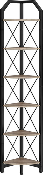 CHOEZON 6-Tier Corner Shelf, Industrial Corner Bookshelf, 71.2" Corner Storage Stand, Plant Stand Display Shelf, Corner Bookcase for Bedroom, Living Room, Home Office, Greige and Black TCJ11BG