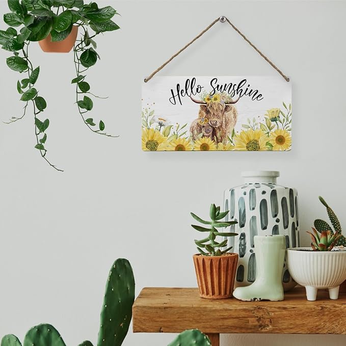 Mtrgdn Summer Sunflower Highland Cow Decor,Highland Cow Wood Wall Hanging Sign,Gifts for Western Cow Lovers,Rustic Wooden Hanging Sign for Farmhouse Kitchen Decor,12x6 Inch