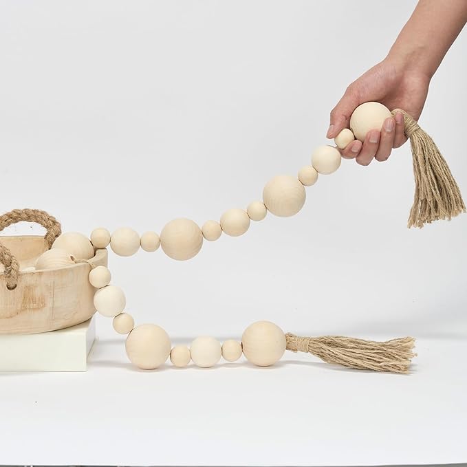 2" Extra Large Wood Bead Garland with Tassels, 50" Long Rustic Farmhouse Wooden Beads Garland, Decorative Beads Boho Decorations for Home Table Mantle Natural Beige