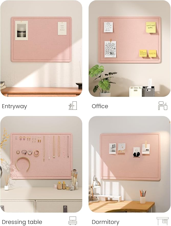 Fluxynara Bulletin Board, 23.6" x 17.5" Cork Board Alternative with 12 Safe Removable Adhesive Tabs, Foldable Felt Pin Board for Home Office, Classroom, Bedroom,Entryway for Walls—Pink