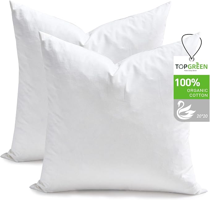 Feather Down Throw Pillow Inserts 20 x 20, Set of 2, 100% Organic Cotton Shell, Soft Decorative Square Pillows Insert for Living Room Sofa, Couch, or Bed (White)