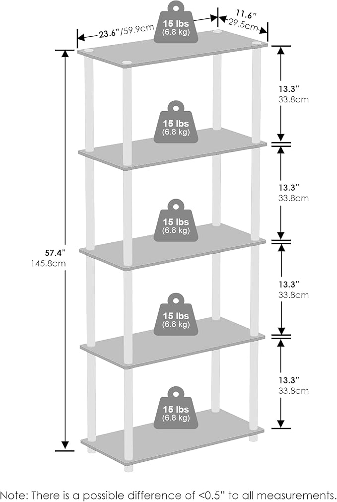 Furinno Turn-N-Tube Book Shelf, 5-Tier Bookshelf, Bookcase with Multipurpose Compact Display Rack, 11.6 x 23.6 x 57.4, for Living Room, Bedroom, Home Office, Sonoma Oak/White