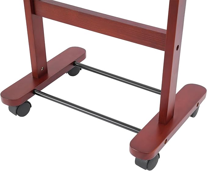 66.14 Lbs Capacity Wood Valet Stand, Clothes Valet Rack with 4 Universal Wheels, Freestanding Clothing Stand with Drawers Tie Rods and Shoe Rack, Reddish Orange