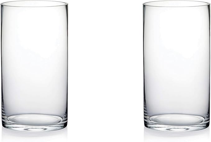Large Hand Blown Sturdy Clear Cylinder Glass Vase, Centerpiece Flower Vase for Rose, Tulip, Boquets, Hurricane Candle Holder (2, 4"x7")