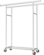 Mobile Double Rod Clothes Rack, Freestanding Garment Organizer with Medium Load Capacity and Bottom Storage Shelf for Home Use,Silver