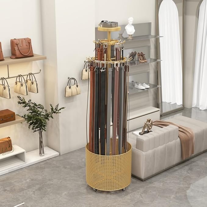 Floor Standing Belt Retail Rack, Rotating Belt Display Stand with Wheels, Metal Retail Display with Bottom Round Storage Basket, Commercial Retail Display Racks(Gold)