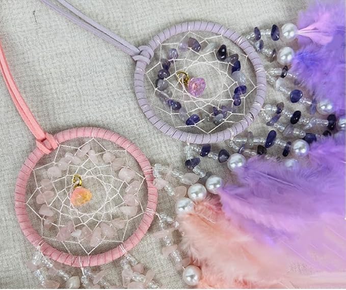 Mini Lotus Dream Catcher for Car Rearview Mirror, Handmade Boho Car Hanging Charm, Black Feather & Crystal Car Mirror Decor, Auto Interior Ornament for Women(Purple)