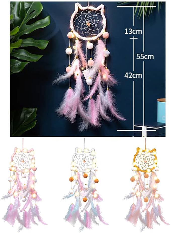 LED Light Up Feather Dream Catcher for Bedroom, Cat Shaped Lighted Dream Catcher with LED Fairy Lights for Girls Boys Kids Adults Room Decor Boho Decor Ornament Craft Gift
