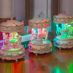 Carousel Music Box with 3 Rotating Horses, Color-Changing LED Lights, Wind-Up Clockwork 18-Note Melody, Small Resin Tabletop Decor, 5.9" Tall x 3.93" Dia (Blue)
