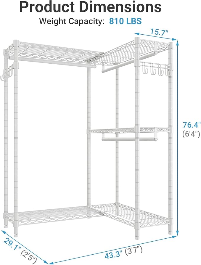 VIPEK L4 Garment Rack L Shaped Clothes Rack for Corner, Freestanding Portable Wardrobe Closet Heavy Duty Clothing Rack with 3 Hanging Rods & 2 Side Hooks, 43.3"Lx29.1"Wx76.4"H, Max Load 810LBS, White