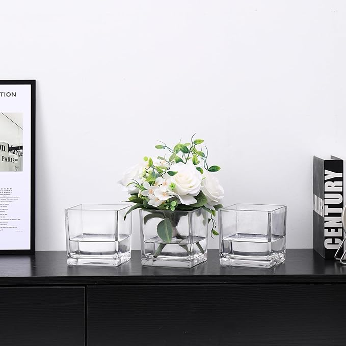 Square Glass Vases Set of 6, 4" x 4" x 4" Square Flower Vases for Centerpieces, Clear Vase for Flowers, Small Vase for Wedding, Party, Home Office Decoration