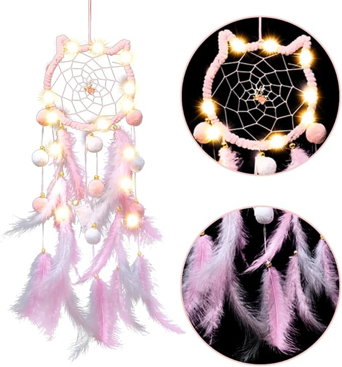 LED Light Up Feather Dream Catcher for Bedroom, Cat Shaped Lighted Dream Catcher with LED Fairy Lights for Girls Boys Kids Adults Room Decor Boho Decor Ornament Craft Gift
