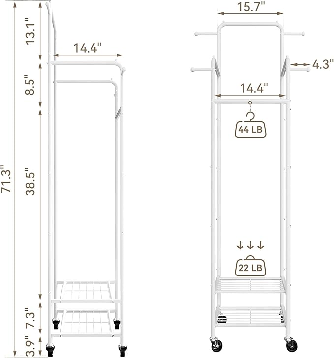 Chrislley Clothes Rack with Wheels, 71" Portable Clothing Rack with 2 Shelves and 4 Hooks, Small Rolling Garment Rack, 4 Hanging Rods Metal Coat Rack for Bedroom, Apartment, Entryway, White