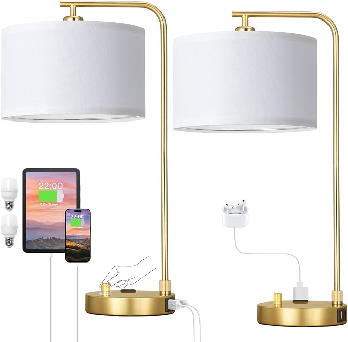 Innqoo Bedside Table Lamps for Bedroom Set of 2-Dimmable Nightstand Lamps with USB Port and Outlet,Modern Gold Lamps with Linen Shade,Tall Desk Lamps for Home Office Bedroom Living Room End Table
