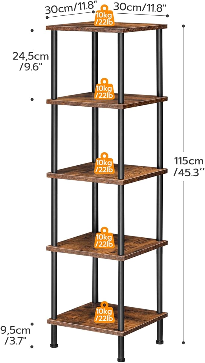 HOOBRO 5-Tier Corner Shelf Stand, Corner Square Rack Display Shelf, Tall Storage Plant Stand, Bookcase for Small Spaces, Living Room, Home Office, Kitchen, Rustic Brown and Black BF50CJ01