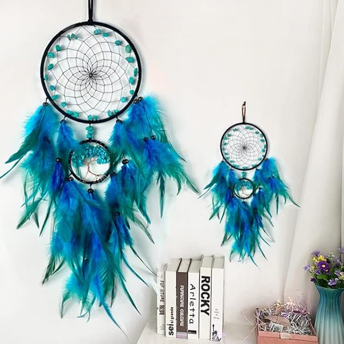 Dream Catcher, Handmade Dreamcatcher with Healing Crystal Stone, Tree of Life Dream Catchers Hanging Ornament for Home Bedroom Birthday Party, Perfect Craft Gift for Kids (Green)