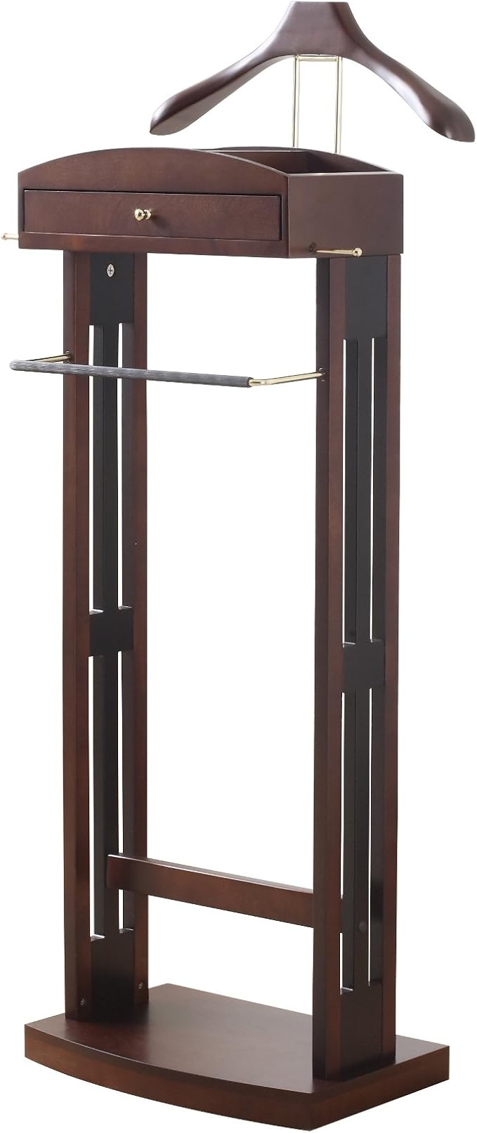 Proman Products Milan Valet Stand with Drawer, Top Tray, Contour Hanger, Trouser Bar, Tie & Belt Hooks and Shoe Rack - VL16226, Dark Walnut