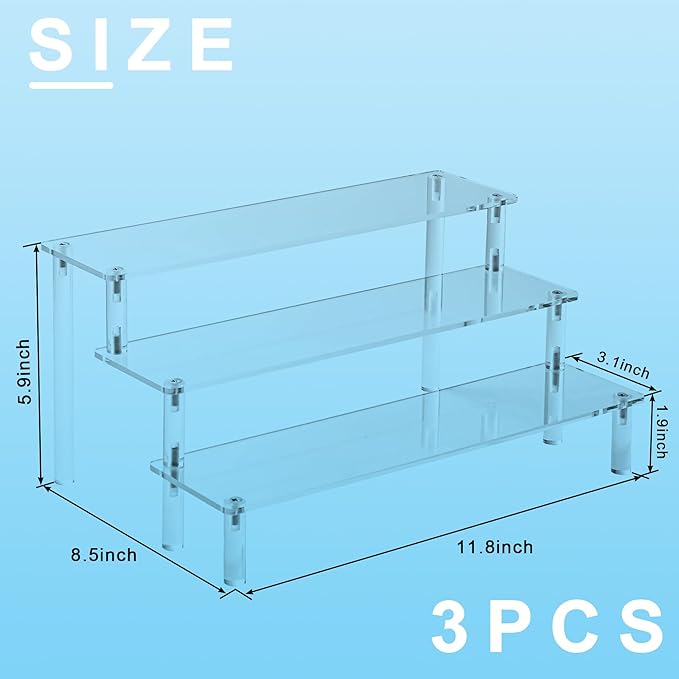 Hoewina 3PCS Acrylic Risers Display Stands, 3 Tier Perfume Organizer Display Shelf & Versatile Cupcake Stand Holder, Display Risers for Figures, Dessert Shelves for Party for Decoration and Organizer