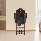 Wooden Freestanding Clothes Stand with Sturdy Base, Multi-functional Suit Valet Stand, Coat Rack with Top Drawer, Tie Hangers, Storage Compartments for Office, Bedroom, Living Room (Reddish Orange)
