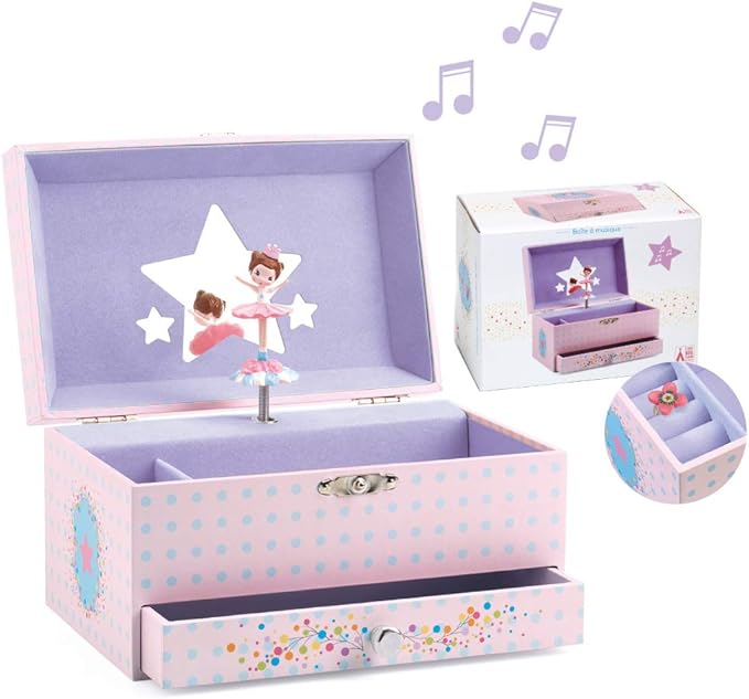 DJECO Musical Jewelry Box for Kids - Treasure Boxes Ballerina's Tune - Storage for Necklace, Bracelets, Rings, Earrings, Small Toys, Decorations, Keepsake & Trinkets - Safe for Ages 3+ Boys & Girls