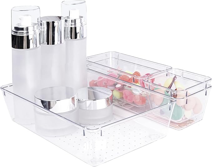 4 PCS Clear Plastic Drawer Organizer, Desk Drawer Divider Organizers and Storage Bins for Makeup, Jewelry, Gadgets for Kitchen, Bedroom, Bathroom, Office (9.0"x3.0"x2.2")